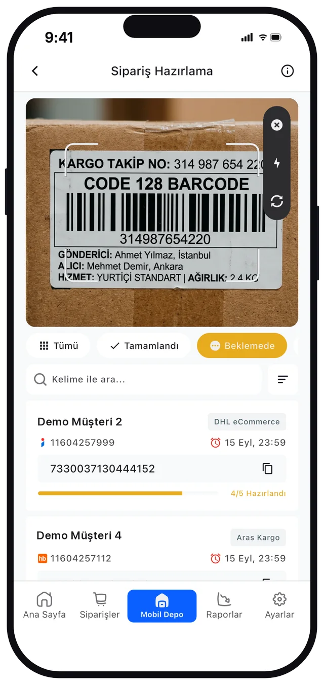 Sentos mobil uygulama sipariş hazırlama ekranı: telefon kamerasıyla barkod okutma