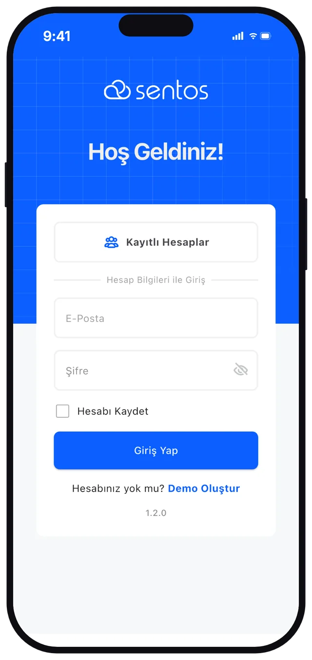 Sentos mobil uygulama giriş ekranı: kayıtlı hesaplar, e-posta ve şifre ile giriş