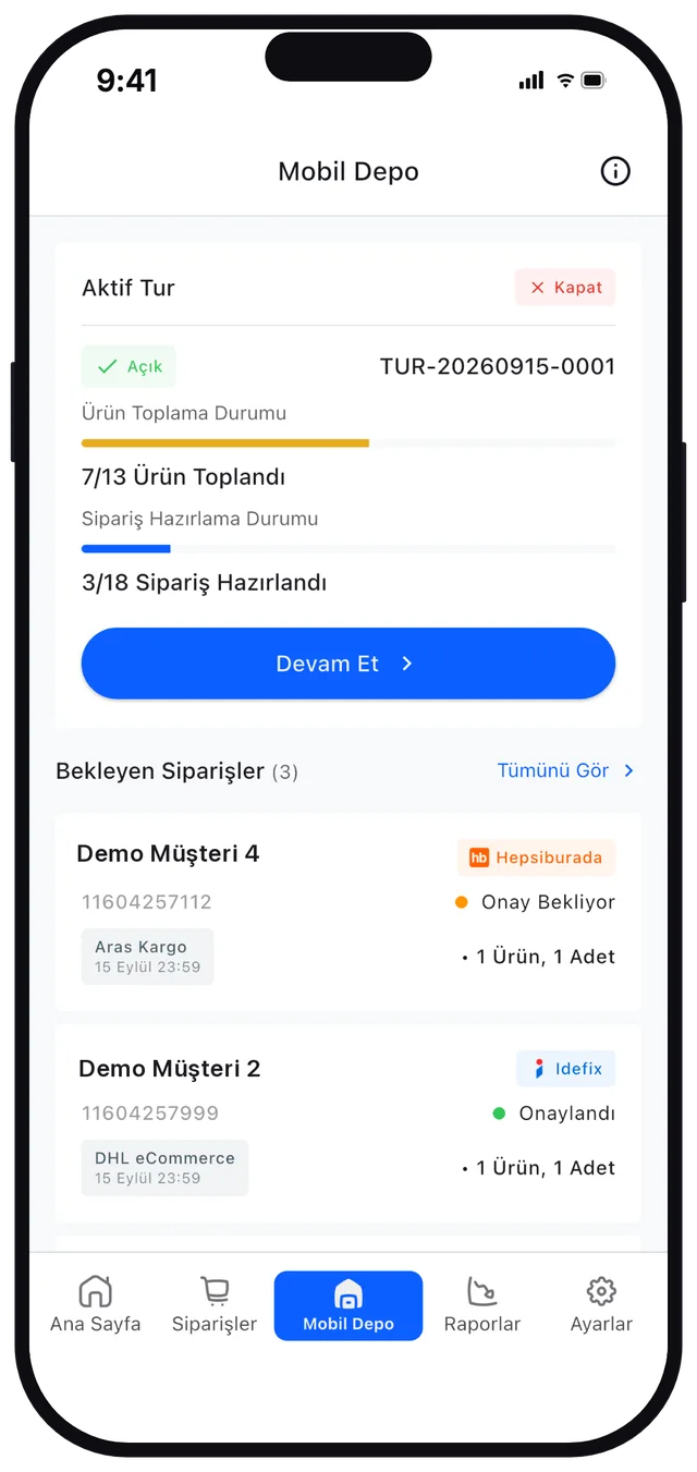 Sentos Mobil Depo ekranı: aktif tur, ürün toplama ve sipariş hazırlama ilerlemesi, bekleyen siparişler