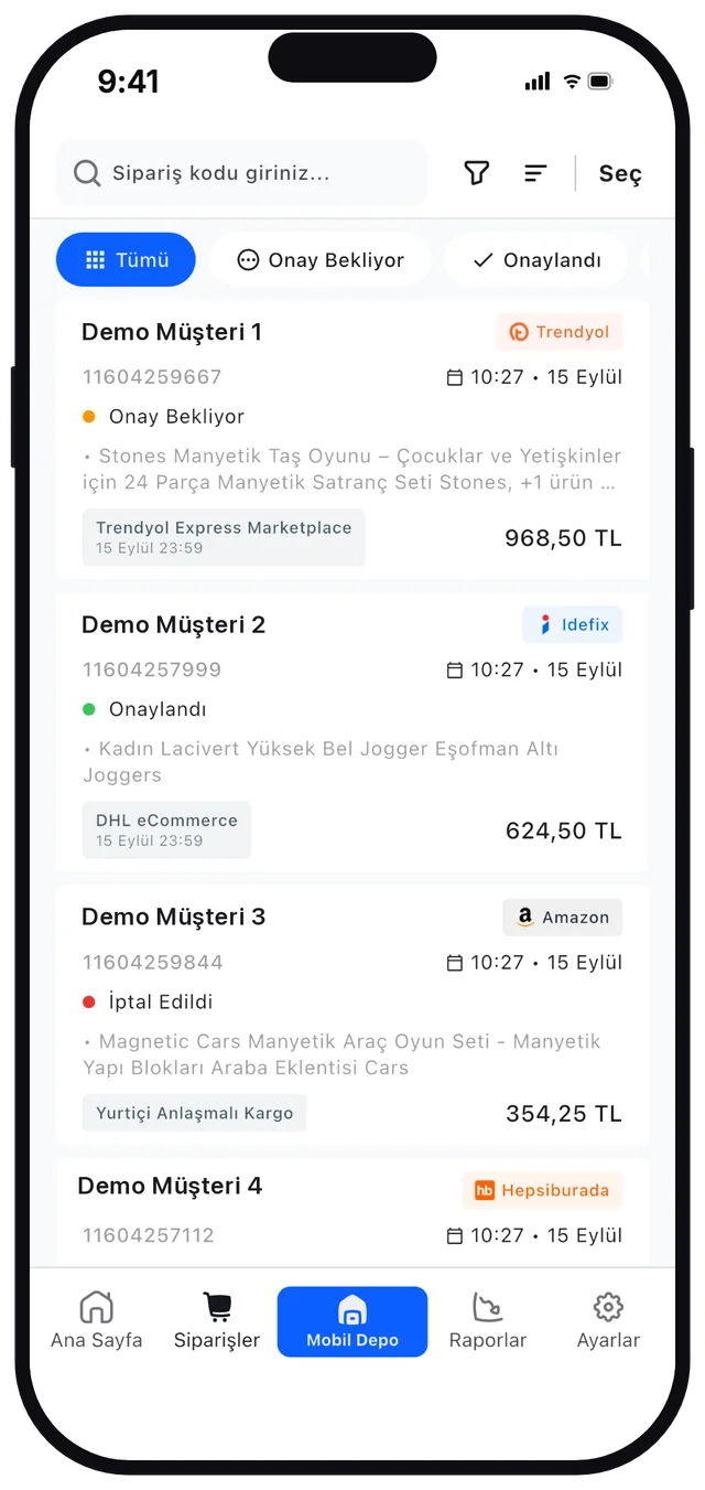 Sentos mobil uygulama sipariş listesi: durum sekmeleri, filtre ve pazaryeri etiketli sipariş kartları
