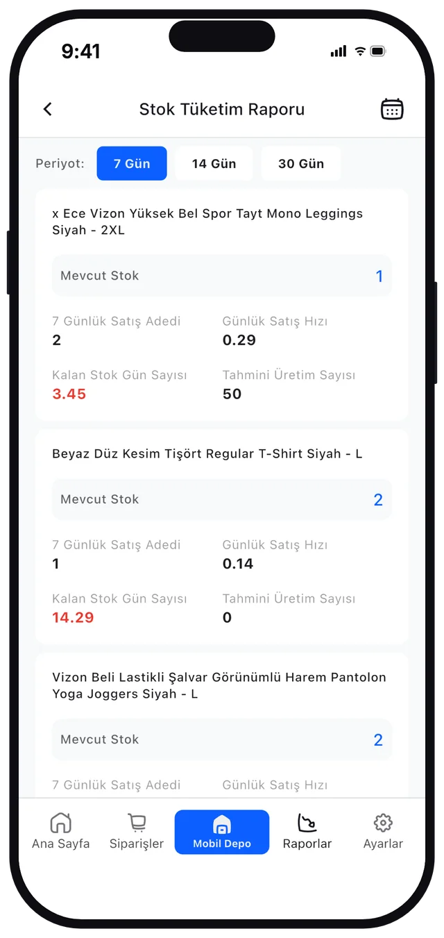 Sentos mobil uygulama Stok Tüketim Raporu: günlük satış hızı ve kalan stok gün sayısı