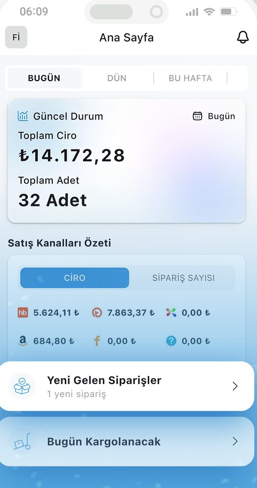 Sentos mobil uygulama ana sayfa ekranı, günlük ciro ve kanal dağılımı