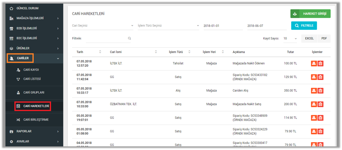 cari hareketleri ekranı