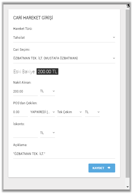 cari hareket girişi ekranı